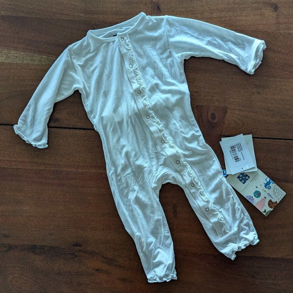 NWT Kickee Pants Bamboo Long Sleeve Ruffle Romper Coverall White 6-9m